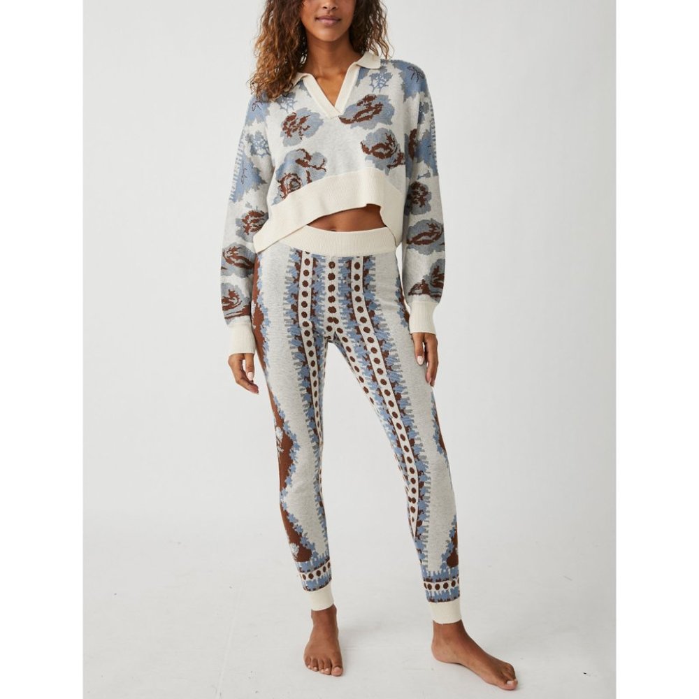 Free People Blue Cream Brown Patterned Leggings